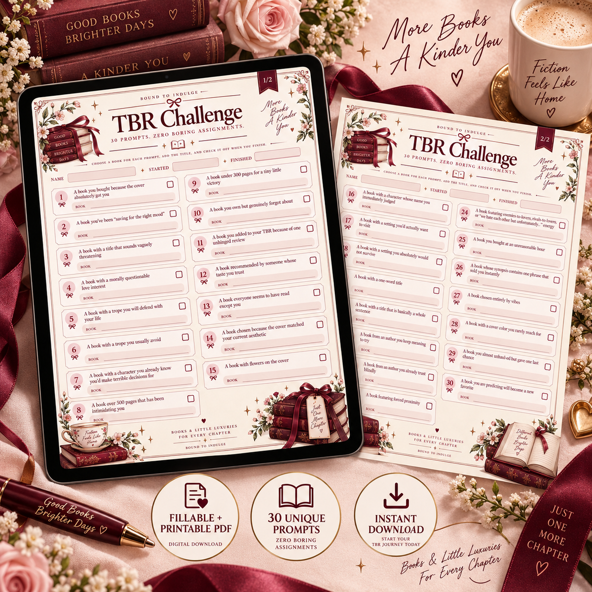 30-Prompt TBR Challenge | Fillable + Printable Reading Challenge