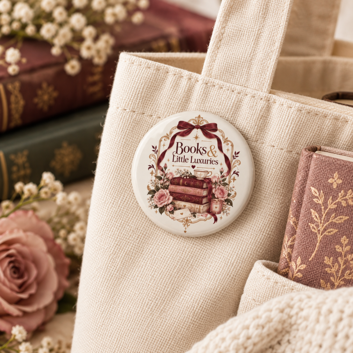 Books & Little Luxuries | Romantic Floral Bookish Pin Button