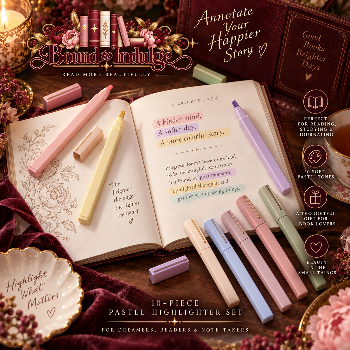 10-Piece Soft Pastel Highlighter Set | Book Annotation Markers
