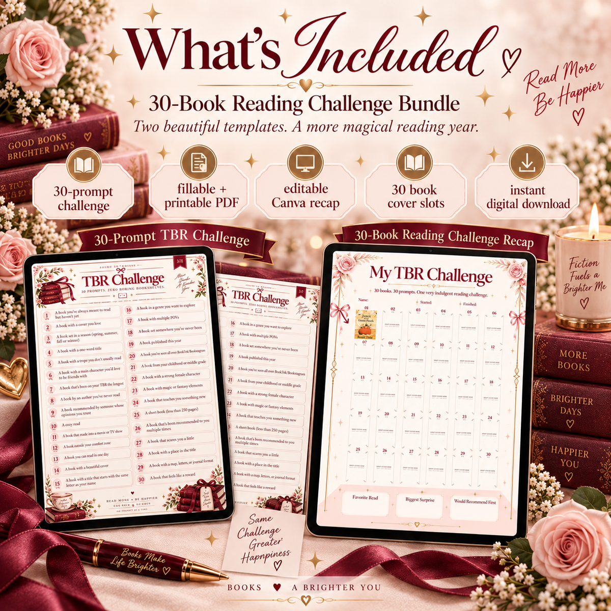 30-Book Reading Challenge Bundle | TBR Challenge + Editable Canva Recap