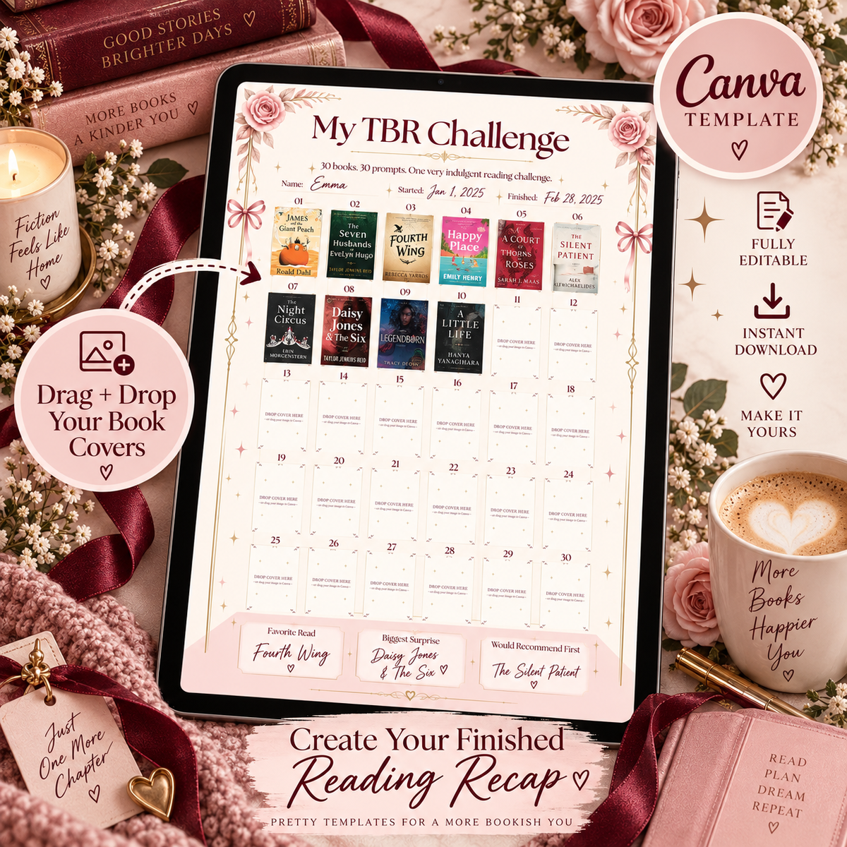 30-Book Reading Challenge Recap Template | Editable Canva Book Cover Tracker