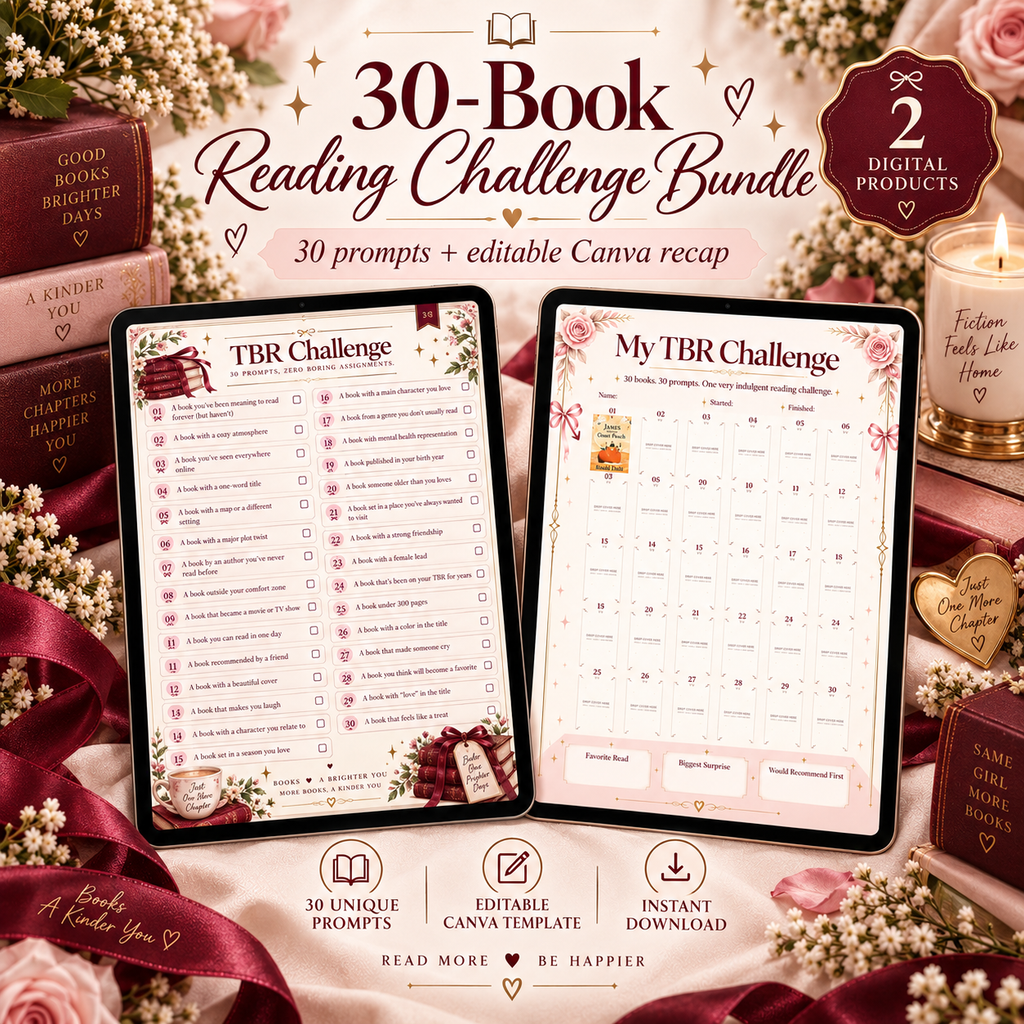 30-Book Reading Challenge Bundle | TBR Challenge + Editable Canva Recap