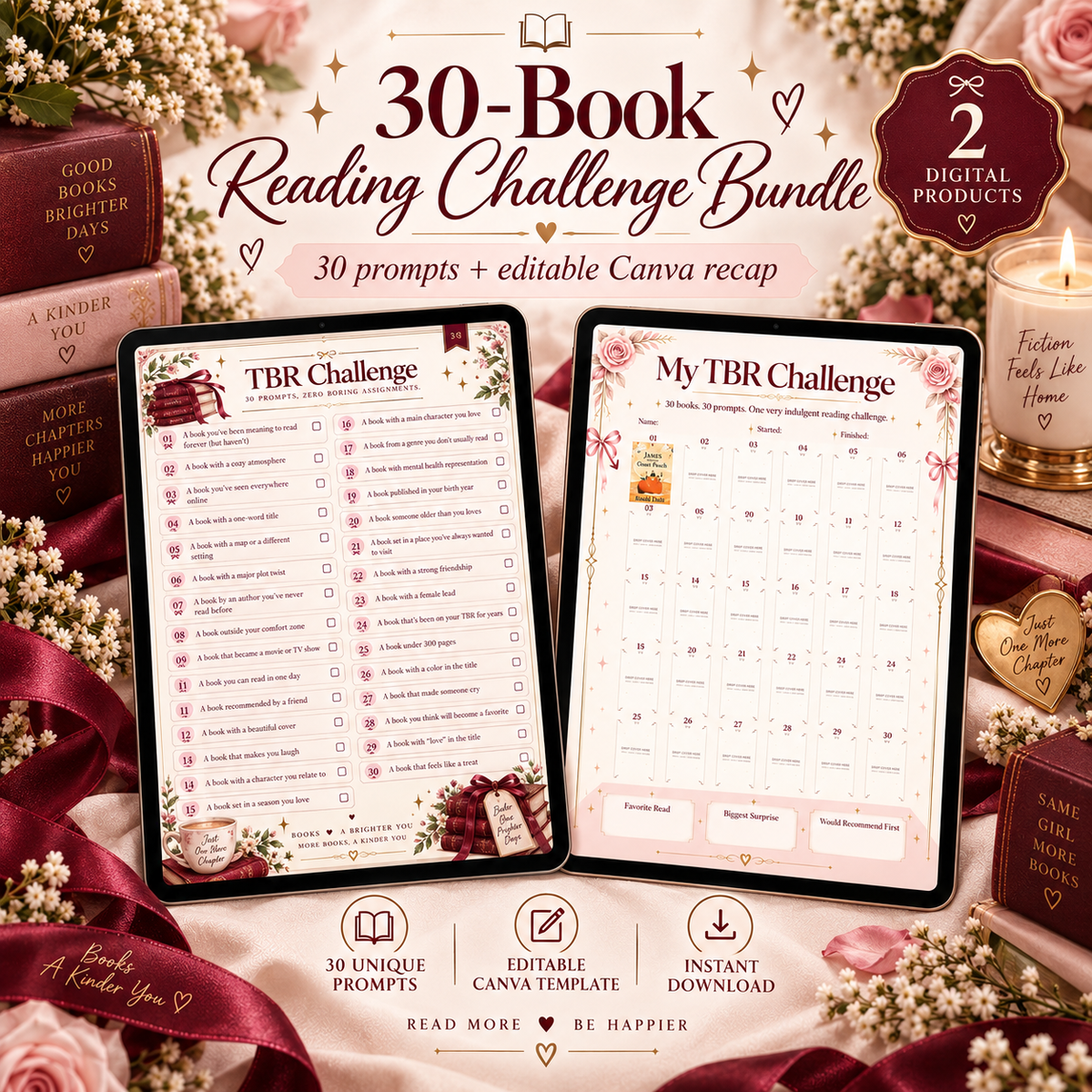 30-Book Reading Challenge Bundle | TBR Challenge + Editable Canva Recap