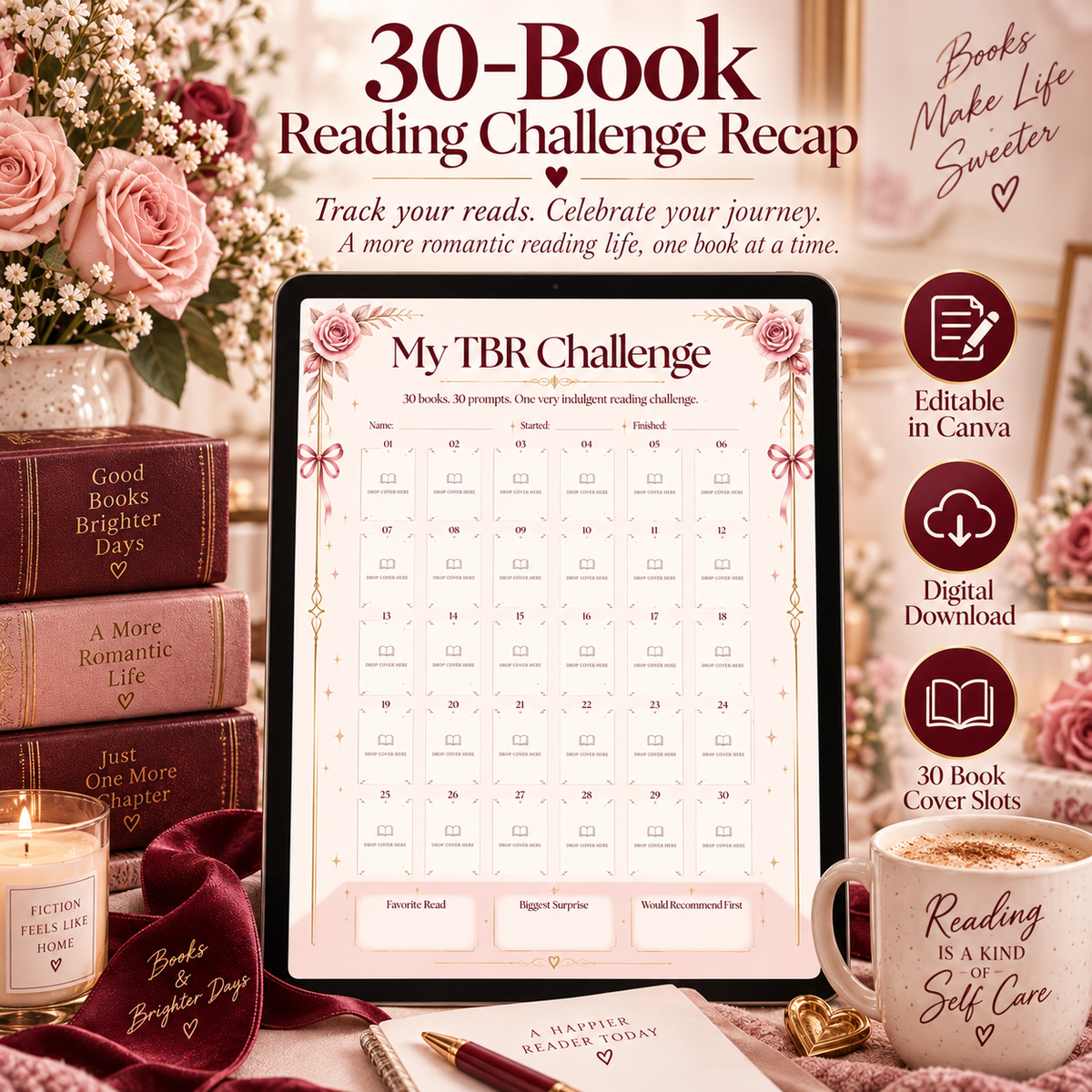 30-Book Reading Challenge Recap Template | Editable Canva Book Cover Tracker